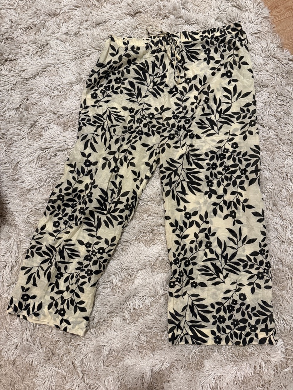 Twin-Set Cream Black Floral Wide Leg Pants Cotton Silk Made in Italy L